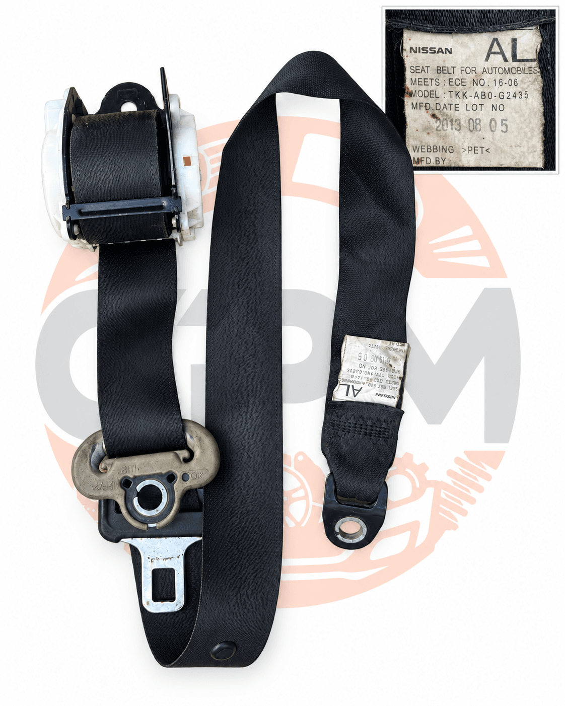 Genuine used Nissan Caravan NV350 E26 2012–2017 passenger seat belt, model TKK-AB0-G2435.